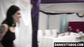 Naughty teen licks goth MILF while getting fucked