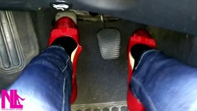 Pedal Pumping and Relaxing My Hosed Feet in Red Pattent Flats