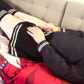 cute shemale femboy cums on her sailor uniform