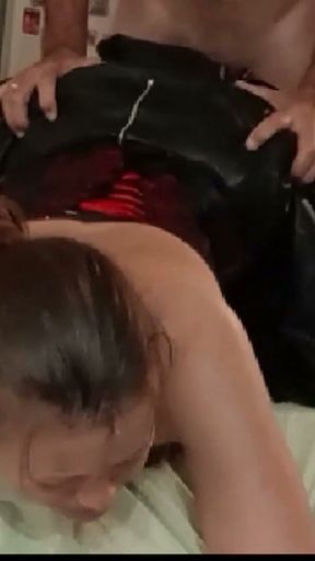 076 - French Amateur, Black Leather mini Skirt, Red and Black Lace Corset, Heels and Fishnet, Facial Cumshot   Clip 2