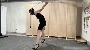 HH97-Asian girl, stockings, gagged, metal restraints, hands suspended, reaching orgasm via fully automated machine.
