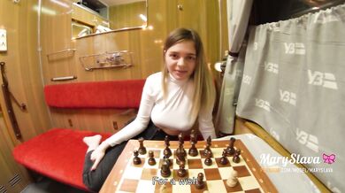 Sexy stranger girl was fucked in public train, after losing in chess