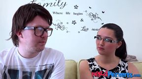 Nerdy gamer sucked skillfully by a cute babe with glasses