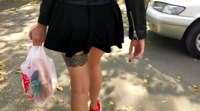 Woman in black skirt exposes herself and sucks stranger off in grocery aisle before doggy sex and cumshot