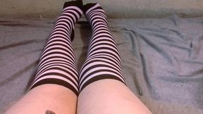 POV: Cute Femboy with Thick fat Thighs in Striped Socks Jerks Off Pretty Sissy Cock Ballbusting Hits Balls Until He Cums Hard