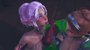Two Elves Suck a Big Devil's Cock