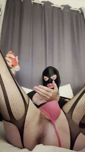 Young sissy crossdresser gently fucks his pussy with dildo