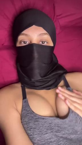 Hijab Arab girl playing with her big boobs  naughty Muslim titties out