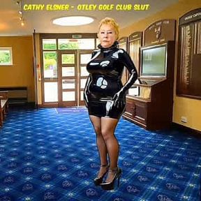 Cathy Golf Course Slut Member Granny Dresses in Her Shiny PVC Skirt and High Heels Costume in Public Exposure of Slut Clothing Walks in The Golf Club ClubHouse Entrance Parading in Her Shiny Seductive PVC Plastic Costume Very Slutty For Male Members
