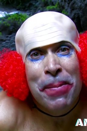 Big tits Charlotte de Castille anally fucks a clown in a cave