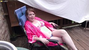 ”Big Breasted mature lady is rubbing her beaver & squeezing tits”