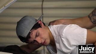 Horny tattooed guy barebacking hard at twinks sexy tight ass