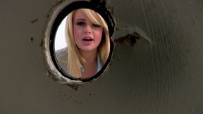 big booty babe hunts for big cock in the glory hole