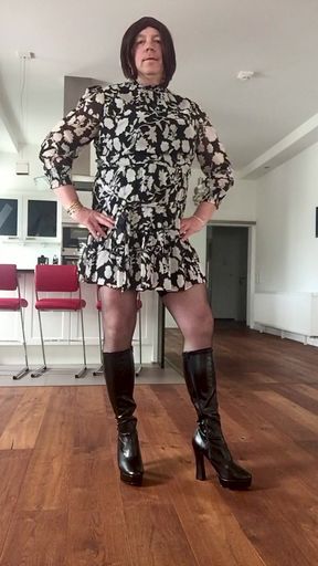 Nicki Crossdress Sexy Dress, Hold-Ups and High Heels Boots