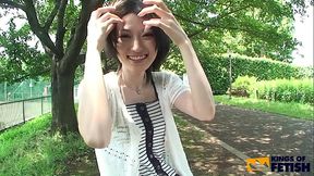 Skinny Japanese girl walks with a toy inside her bush before sucking a man