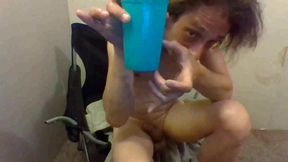 Peeing on Myself, Sampling My Piss &amp; Oiled-up Dildo in Ass