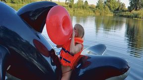 Alla makes a B2P red donut balloon riding a big inflatable whale in the lake!!! (Second part)