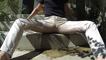 Piss and cum in khaki pants in the backyard