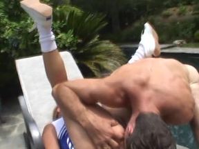 Plump brunette cheerleader rides thick cock outside