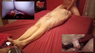 Redhead MILF gets wraped in foil and fucked deep in throat.