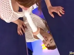 Seductive Kinky Asian Pervert in Fishnets Humps Stiff Dildo Passionately