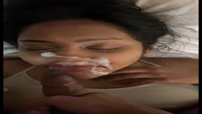 Dusky beauty gets a hot load on her face