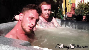 ”Tatted redhead homo leaves jacuzzi to jack off prick with lover”