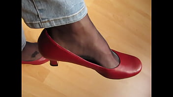 red leather pumps, nylons and jeans, shoeplay by Isabelle-Sandrine