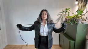 custom video she will dominate on you in her sexy real leather jacket and skirt