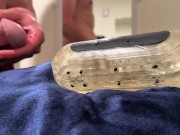 horny student pounds stroker in work bathroom, cums on blanket”