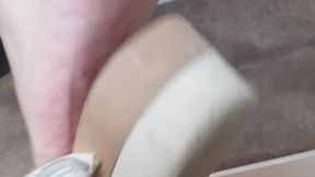 Mature nurse scholl wooden clogs feet soles tickled at work