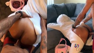 Ebony Easter bunny cosplayer gets fucked through her ripped onesie