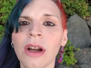 Hot t4t goth punk trans woman goes to the park with a big glass plug
