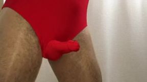 Red Cock-sleeve Leotard + Crotchless Pantyhose + Cum Shot