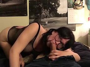 Horny homemade blowjob, tattoo, glasses porn scene
