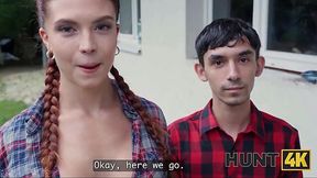 Meeting a sexy redhead, the guy takes her to the backyard to fuck.
