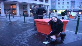 Public urination with a cute brunette