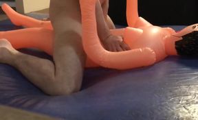 Pounding cheap female inflatable doll on blue waterbed