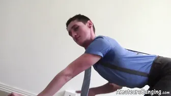 Cute twink Lochie jerks his uncut cock and shoots a thick load