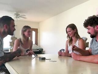 Wanna play disrobe poker? Our allies lose, and we end up swapping partners!