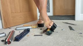 Requested fan clip Nikkichick crushes 6 train coaches in bare feet then heels with painted toe nails toy train crush close ground view