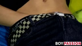 Twinks ass filled with big plastic dildo as he moans loud