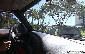 Big titted Trixie Star plays with herself in a car