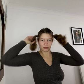 Trying on different hairstyles for different sex positions.