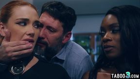 Perverted husband gets serviced by busty MILF and ebony friend