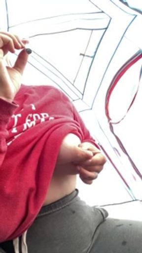 Milkymama camping in tent squirting &amp; playing with milk engorged tits