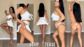 Striptease in white bikini, top and skirt