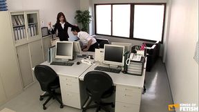 Naughty Japanese babe gets her bush spoiled by a employee and rides a big toy