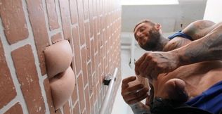 Inked blonde tries glory hole perversions with a random gay slut