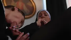 Inked MILF Takes Shemale's Dick & Gets Covered in Cum Profusely